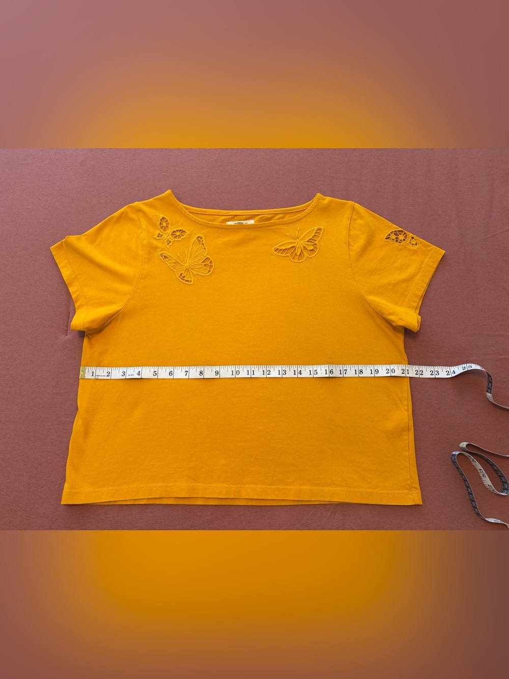 Women's Mustard Yellow Butterfly Cutout Short Sleeve Top - Picture 11 of 15
